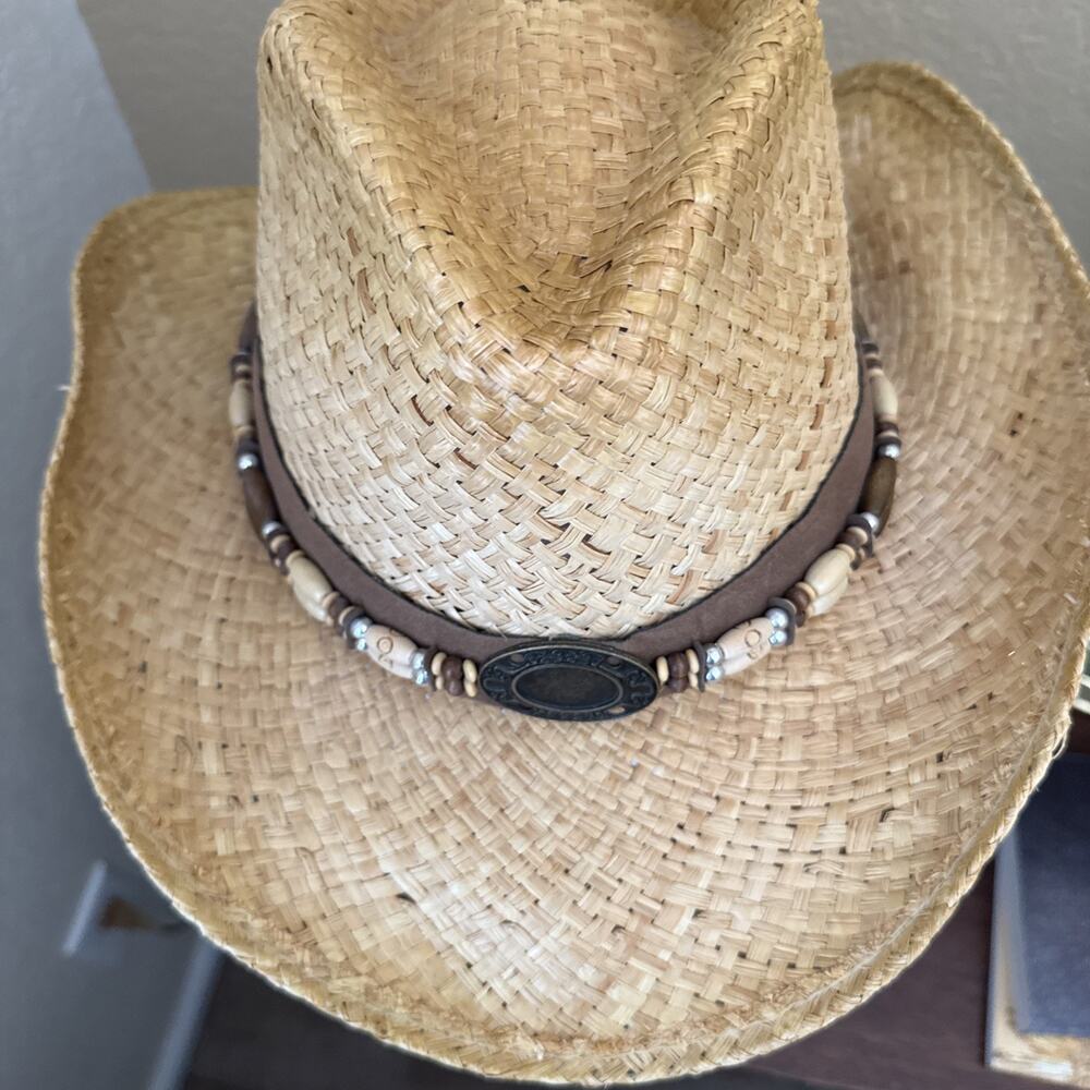 Henschel Hat Co Straw Cowboy Hat Medium With Leather And Beads Hatband Made USA - Picture 10 of 14